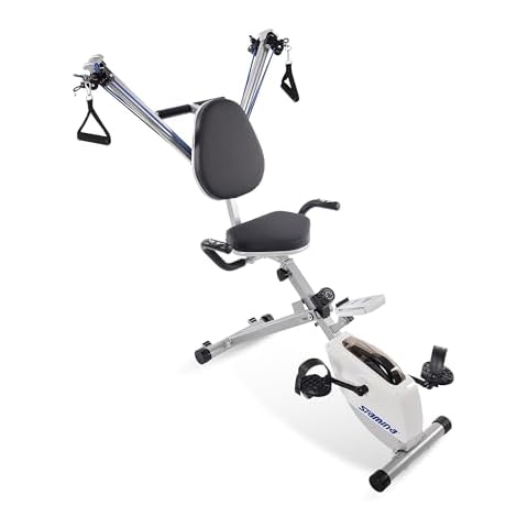 Stamina Foldable Exercise Bike and Strength System With Smart Workout App and 250 Pound Weight Capacity for Home Workout, Gray Cover