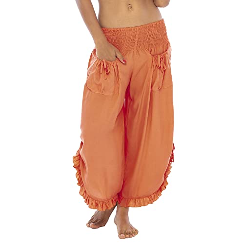 womens wide leg cropped trousers smocked waist adjustable tied ruffle hem boho capri pants plus size flowy gaucho pants