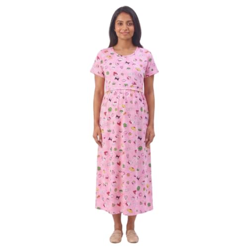 Image of Zero Clothing Feeding Dress for New Moms Casual Loungewear Ankle Length | Cotton Maternity Nighty | Zipless Feeding Dresses for Women | Pregnancy & Nursing Wear