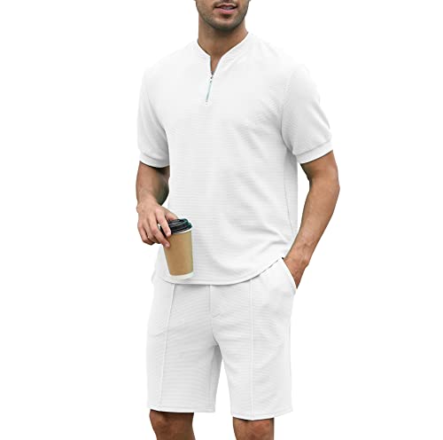 FZNHQL Summer Mens Tracksuit Sports Shorts and T-shirt Set Streetwear Sasual Wear Training 2 Piece Outfits Track Suit White X-Large