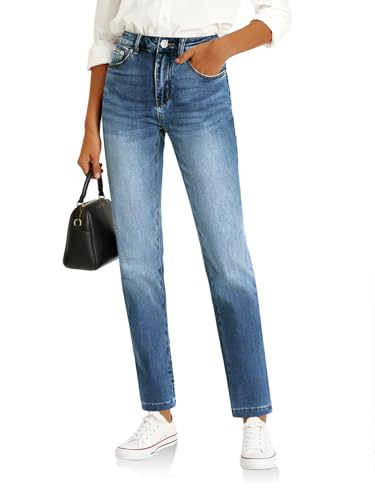 Image of Cicy Bell Womens Straight Leg Jeans High Waisted Mid Rise Stretchy Denim Pants Tapered Petite Jeans
