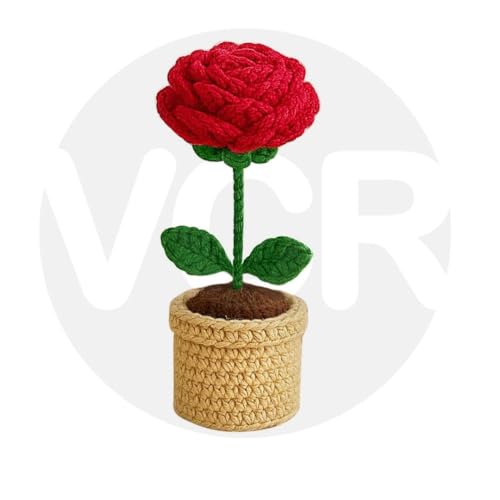 Image of VCR Handmade Crochet Red Rose Pot - Pack of 1 - Hand Woven Knitted Artificial Red Rose Pot Hand Knitted Flower for Office Desk, Table, Car, Bedroom, Wedding & Special Occasions