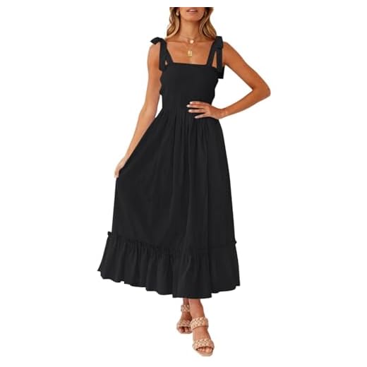 ZESICA Women's 2023 Summer Boho Spaghetti Strap Square Neck Solid Color Ruffle A Line Beach Long Maxi Dress,Black,Medium
