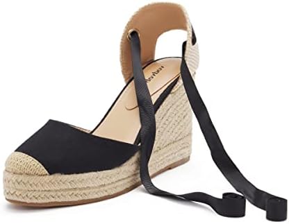 vodvob Women's Heel Platform Espadrille Wedge Sandals, Soft Ankle-Tie Lace Up Closed Toe Summer Dress Shoes (Black, 6)
