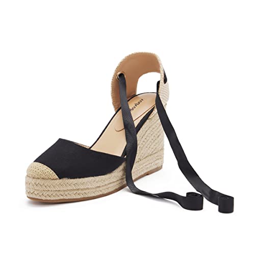 Vodvob Women's Heel Platform Espadrille Wedge Sandals, Soft Ankle-Tie Lace Up Closed Toe Summer Dress Shoes (Black, 6) #TOP1