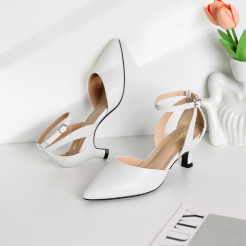 Image of RIBONGZ Comfortable Kitten Heels for Women Pointed Closed Toe Ankle Strap Buckle Heels Slip on Low Heel Church Pumps Wedding Bridal Party Dressy Shoes