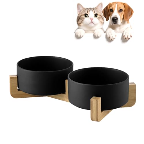 Image of Ceramic Dog Bowls with Bamboo Stand, Double Small Dog Feeding Bowls, 400ml Each, Removable Non Slip Dog Food and Water Bowl Set, Stable Base for Cats & Small Dogs, Black (Set of 2)