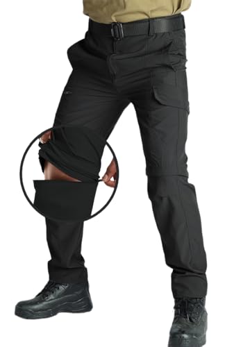 WINKEEY Herren Wanderhose Zip Off Atmungsaktiv Wasserdicht Softshellhose Outdoorhose Trekkinghose Entfernbar Sommer Cargohose mit 5 Taschen Für Männer,Schwarz M
