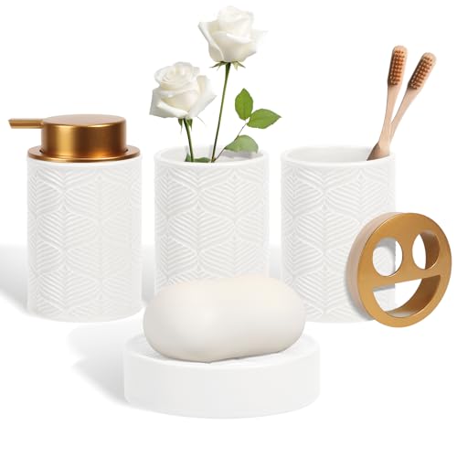 La mejor selección de Accesorios para baño de ceramica , tabla con los diez mejores. 41 Juego de accesorios de baño de cerámica Kukikan, 4 piezas - Incluye dispensador de jabón y loción, soporte para cepillo de dientes, bandeja de tocador y vaso, organizador...