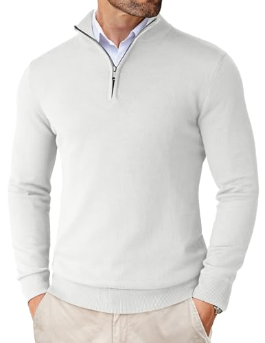 COOFANDY Hombres Jersey 1/4 Cremallera Cuello Alto Jersey de Punto Jumper de Invierno Manga Larga Cremallera Jumper de Cuello Alto Suéter Sweater de Trabajo para Los Hombres Blanco L