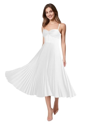 Aoruisen Spaghetti Straps Bridesmaid Dresses for Women Satin Tea Length Pleated Formal Midi Dress