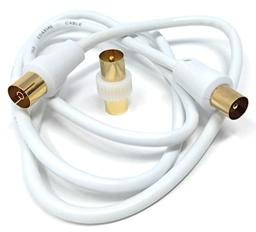 DRUT 1m TV Male to Female Extension Coax Cable, Supplied With a Male to Male Coupler Adapter, Gold Connectors 3.3ft White - Image 2