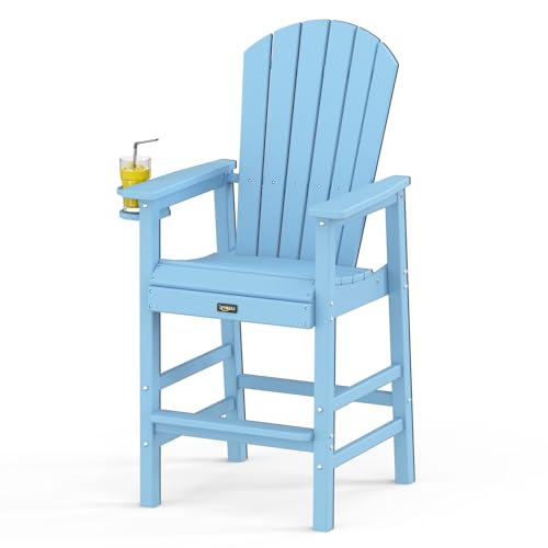 VINGLI Tall Adirondack Chair All-Weather Plastic Adirondack Chair with Cup Holder Heavy-Duty Outdoor Barstools for Patio Pool Balcony Backyard (Blue 1 PCS)