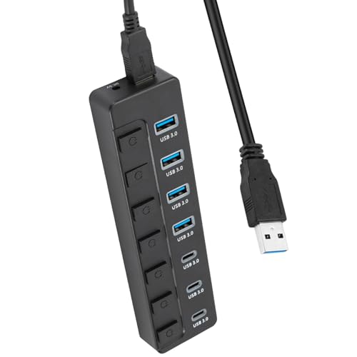 USB3.0へのタイプCアダプタースプリッター7ポート、個々のスイッチ5Gbpsコンピュータープラグと再生用の高速速度データ転送USB C拡張アダプター