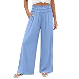 pantalon blanc rayé bleu CONFORT：Ce pantalon femme fluide en lin et coton vous offre une sensation de légèreté absolue. La taille élastique épouse votre silhouette sans compression, idéal pour les journées chaudes. Pantalon large femme fluide qui respire la fraîcheur.