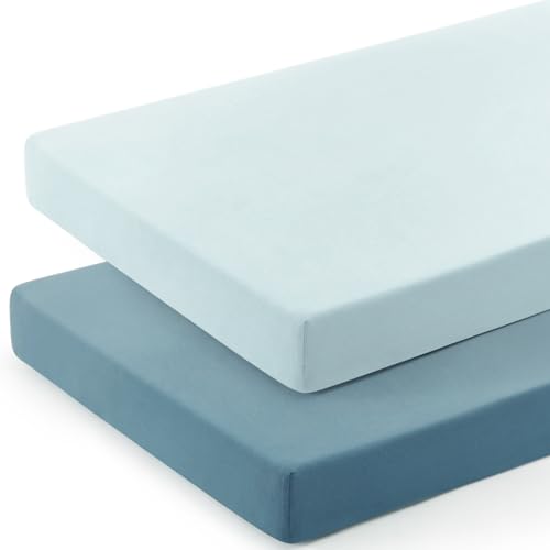 Image of GRSSDER Mini Crib Sheets Fitted, Pack and Play Sheets 2 Pack, Ultra Soft Stretchy Pack N Play Sheets, Universal Fit for Playard Mattress, Jersey Crib Sheets Neutral for Boys and Girls, Blue