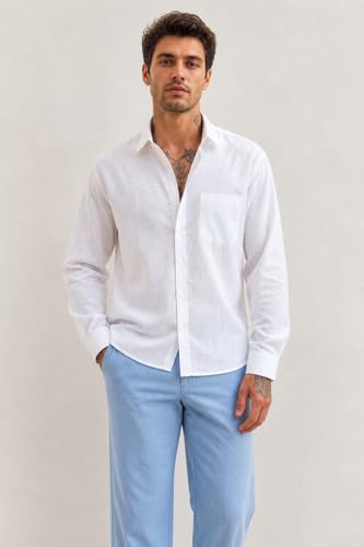 Image of SCRTCH Men's White Cotton Linen Shirt, Oversized Boxy Fit Casual Button Down, Breathable Lightweight Full Sleeve Summer Beach Vacation Wear