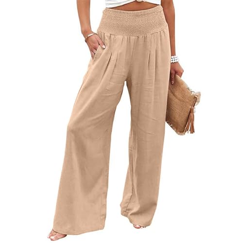 Women Linen Palazzo Pants Summer Boho Wide Leg High Waist Casual Pant Trousers with Pockets