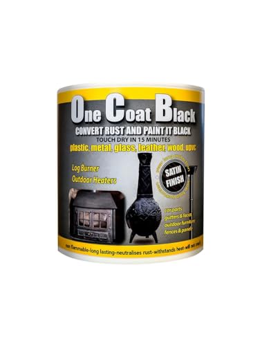 One Coat Black Paint Rust Converter Satin Finish- ideal for use on drainpipes, guttering, gates, vehicle parts, wood burners, plastic, PVC, glass, metal hinges, wood, brick, stone 1L