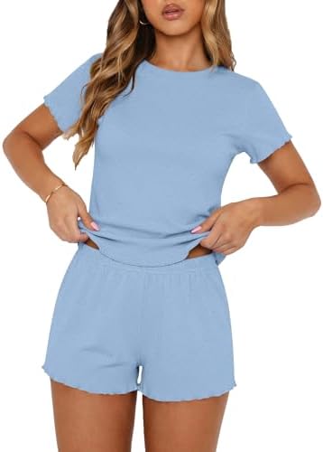 Ekouaer Cute Pajama Sets for Women 2 Piece Short Sleeve Ribbed Pj...