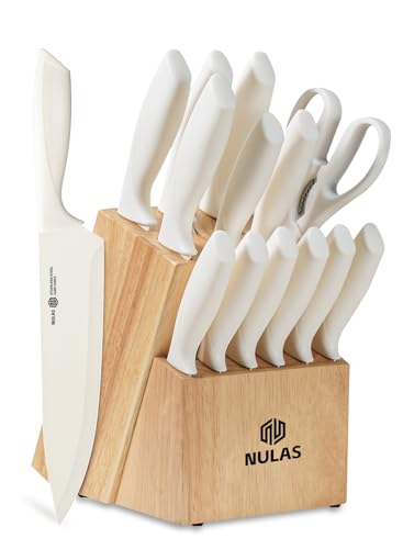 Image of 15-Piece Kitchen Knife Set with Block and Built-In Sharpener, Cream