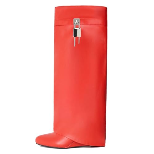 Yishaweiqi Fold Over Boots Wide-calf Wedge Heel Knee High Boot With Decorative Silver Lock Red Size 9.5