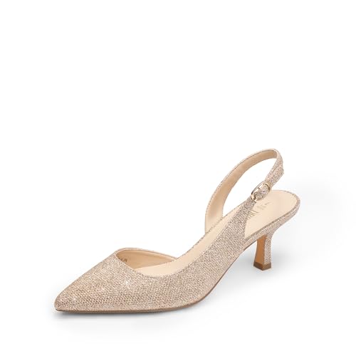 DREAM PAIRS Escarpins Femme à Talon Kitten Bas, Chaussures Slingback à Bout Pointu pour Travail, Fête et Mariage,Size 39,Paillettes d'or,SDPU2454W