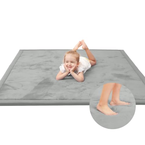 Image of Baby Play Mat for Floor,1.3 inch Thick Memory Foam Tummy Time Mat,Soft Coral Velvet Nursery Rug,Extra Large Non Slip Crawling Mats for Living Room(Light Grey)
