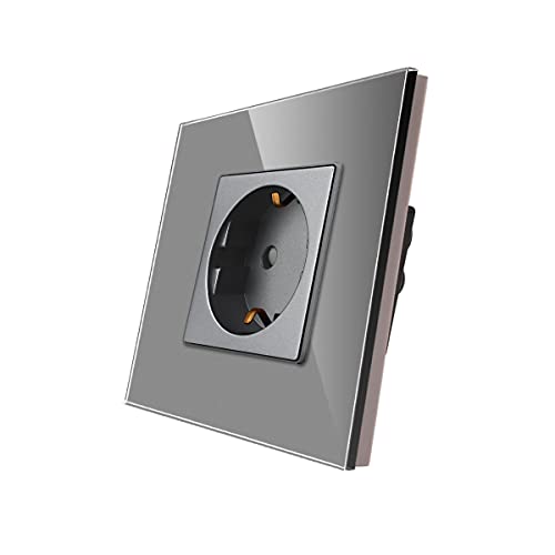 CNBINGO Single Socket 16 Amp con panel de vidrio endurecido Gris, protección infantil, material de fuego de fuego, enchufe Schuko estándar Cover