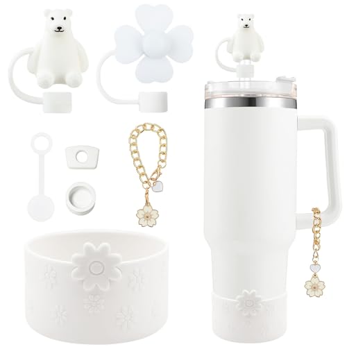 Hpebl 7Pcs White Cup Accessories for Stanley Cups 40/30oz Including Flower Silicone Boot Straw Cover Topper Spill-Proof Stopper Set Flower Handle Charm for Stanley Cup Tumbler Accessories