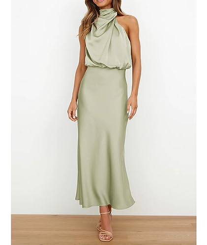 Image of Sexyshine Women's Elegant Halter Tie Neck Sleeveless Satin Long Dress Backless Split Cocktail Party Formal Wedding Maxi Dress