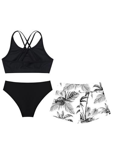 Hansber Kids Girls Three Pieces Swimwear Sleeveless Round Neck Crop Top with Briefs Swim Trunks Set4