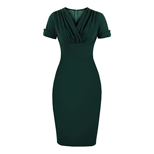 Wellwits Mujer Vestido Lápiz Vintage Oficina Trabajo Fiesta con cuello en V Plisado, verde oscuro, XXL Cover
