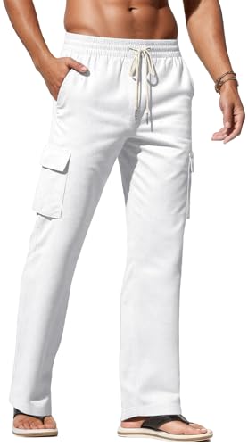 SEAUR Men's Linen Pants Casual Baggy Jogging Pants Straight-Legs Drawstring Waist Beach Trousers