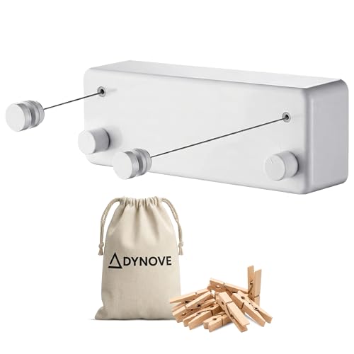 DYNOVE® Fil a linge retractable mural avec 2 fils 4,2 m en acier gainé - Etendoir linge interieur mural robuste et discret couleur Blanc - Avec pinces à...