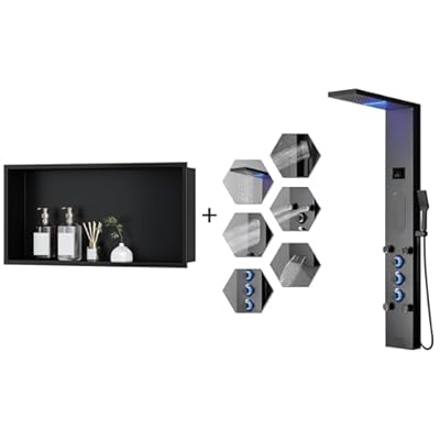 BWE LED Shower Panel,Black Rainfall Shower Panel Tower System,Stainless Steel Shower Tower Bundle with 28" X 16" Stainless Steel Shower Niche,Matte Black Bathroom Wall Niche,Rimless Recessed Shower Sh