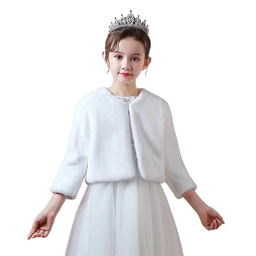 BESTORI Mädchen Bolero Jäckchen Kunstpelz Langarm Winter Mantel Blumenmädchen Hochzeits Jäckchen Weiß, 8-9 Jahre