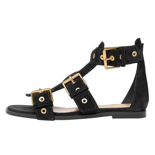 FSJ Women Open Toe Fisherman Gladiator Flat Sandal Three Buckle Strap Roman Studs Summer Casual Daily Shoes Size 4-16 US