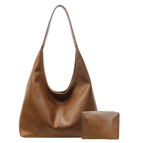 Image of Leather Hobo Bags for Women Slouchy Tote Bag Retro PU Leather Purse Soft Shoulder Handbags Large Work Tote Bag 2pcs