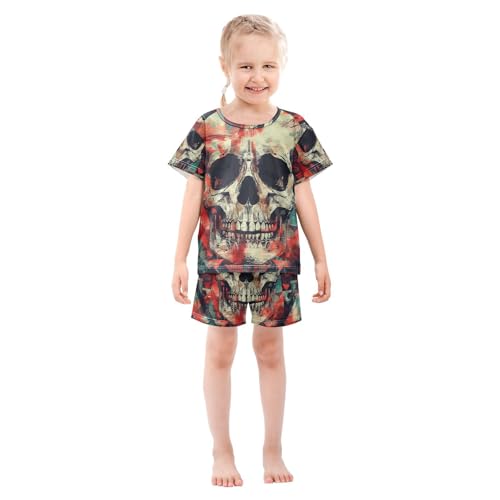 ALAZA Skull on Boho Geometric Background Pajama Set Short Sleeve Sleepwear Soft Lounge Nightwear3