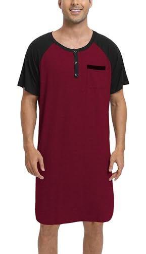Enjoyoself Camisón Hombre Dormir Camisetas de Pijama Algodón Larga Suave Transpirable Camisa de Noche de Manga Corta Camison Hospital Ropa de Dormir para Descansar Rojo Vino+Negro XL