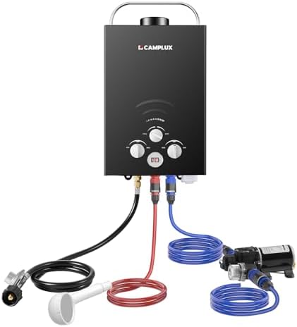 CAMPLUX Portable Water Heater,1.58 GPM Propane Water Heater Outdoor,41,000 BTU Camping Water Heater with 1.6 GPM Water Pump Pack,BW158GP60, Black
