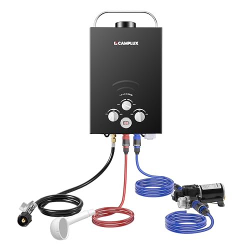 Image of CAMPLUX Portable Water Heater,1.58 GPM Propane Water Heater Outdoor,41,000 BTU Camping Water Heater with 1.6 GPM Water Pump Pack，BW158BP60, Black