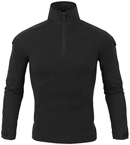NXDRS Men's Ripstop Tactical Shirt Long Sleeve Shirt 1/4 Front Zip Camouflage Airsoft Shirts Outdoor Combat t Shirt (M,BLACK)