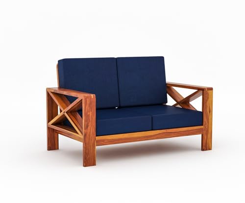 Image of Sheesham Wooden 2 Seater Sofa for Living Room | Rosewood 2 Seater Cushion Sofa X-Legs | Solid Wood Sofa Set for Lounge (2 Seater,Honey Finish)