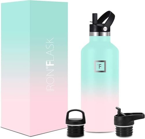 IRON °FLASK Sports Water Bottle - 32 Oz, 3 Lids (Straw Lid), Leak Proof, Vacuum Insulated Stainless Steel, Hot Cold, Double Walled, Thermo Mug, Standard Metal Canteen