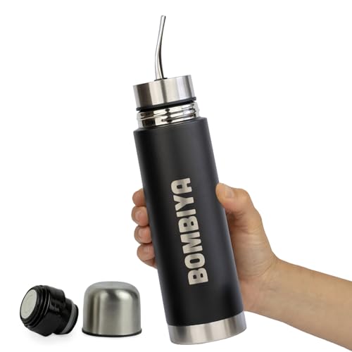 Bombiya – Termo mate autocebante con todas sus partes de acero inoxidable – Kit todo en uno solo agrega tu yerba – 2 en 1 cambiando su tapa es un termo clásico – La evolución del mate listo (Negro)