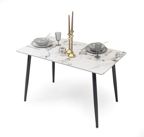 Homely® | Mesa de Comedor Cairo PK 120x70 cm. Tapa Porcelánico | Acabado Efecto Mármol Calacatta Gold | Patas Metálicas Negras | Mesa cerámica Cocina, Comedor, Escritorio (Blanco-Gold)