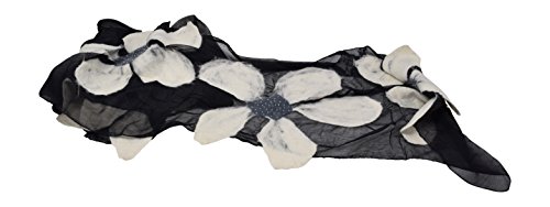 Women's Fashion Long Shawl Lightweight Anytime Merino Wool Felted Silk Chiffon Floral Design Scarf With Gift Bag (Black/White) #TOP1