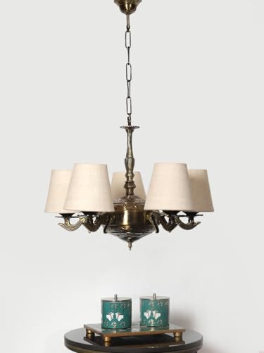 Image of Devansh 05 Lights White Jute conical Shade with Antique Golden Chandelier